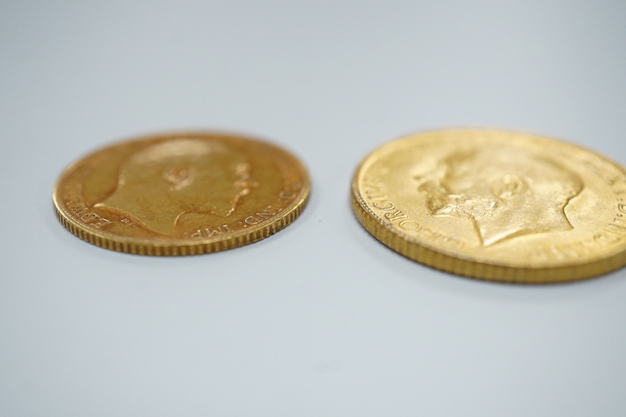 British gold coins, George V, gold sovereign, 1913P, good VF, and Edward VI, gold half sovereign 1907, fine